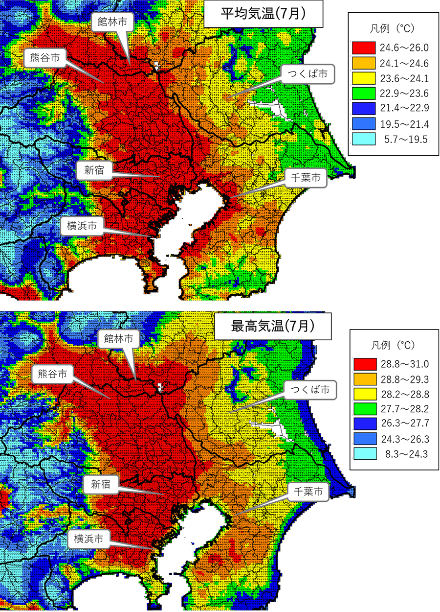 関東地方の7月の平均気温と最高気温（分布図）