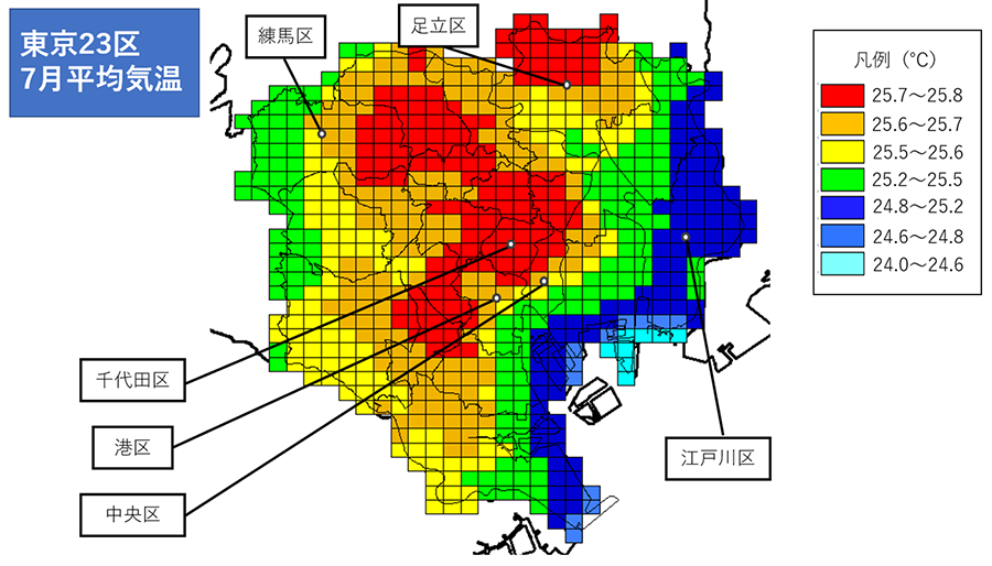 東京23区の7月平均気温（分布図）