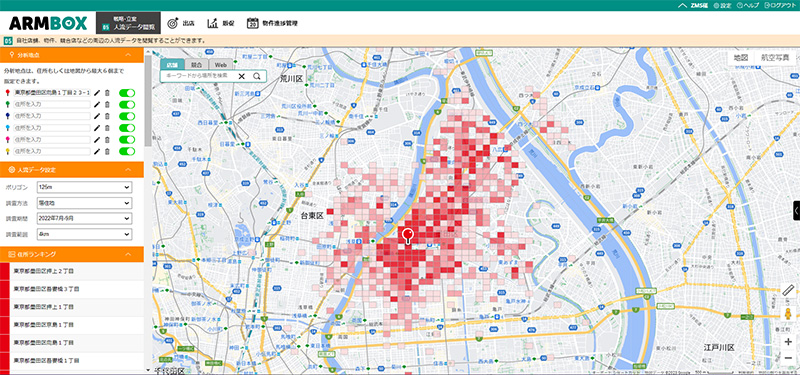 線路や河川などの商圏分断要素の影響を可視化して確認できる画面イメージ