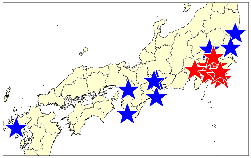 首都圏のテーマパーク（図2：赤★）