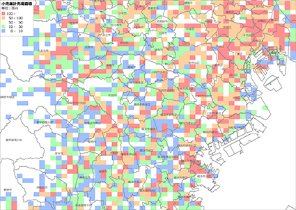 商業統計メッシュデータを地図上に色分け、グラフ表示したイメージ。