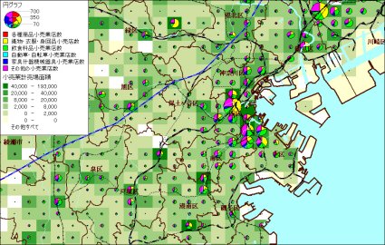 商業統計メッシュデータを地図上に色分け、グラフ表示したイメージ。