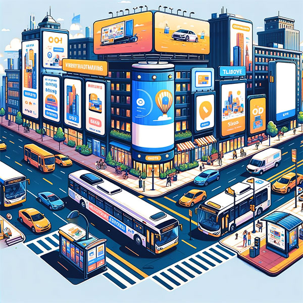 都市環境での様々な形態の屋外広告（OOH広告）を描いたイラスト。画像には、大型ビルボード、ラップアラウンド広告を施したバス、ビデオ広告を表示するデジタルサイネージ、バス停のストリートファニチャー広告など、多くのOOH広告がある賑やかな都市の通りが描かれています。イラストは、OOH広告のダイナミックで多様な性質を捉え、高い視認性と広範囲のオーディエンスへのリーチを強調しています。