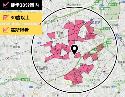 徒歩30分圏内で、さらに年齢が30歳以上、高所得者で絞り込んだ場合の画面例